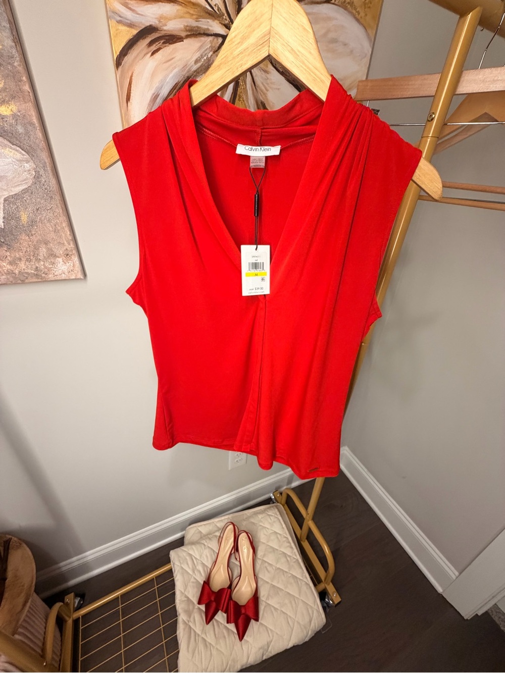 Calvin Klein Red Sleeveless Drape-Front Camisole